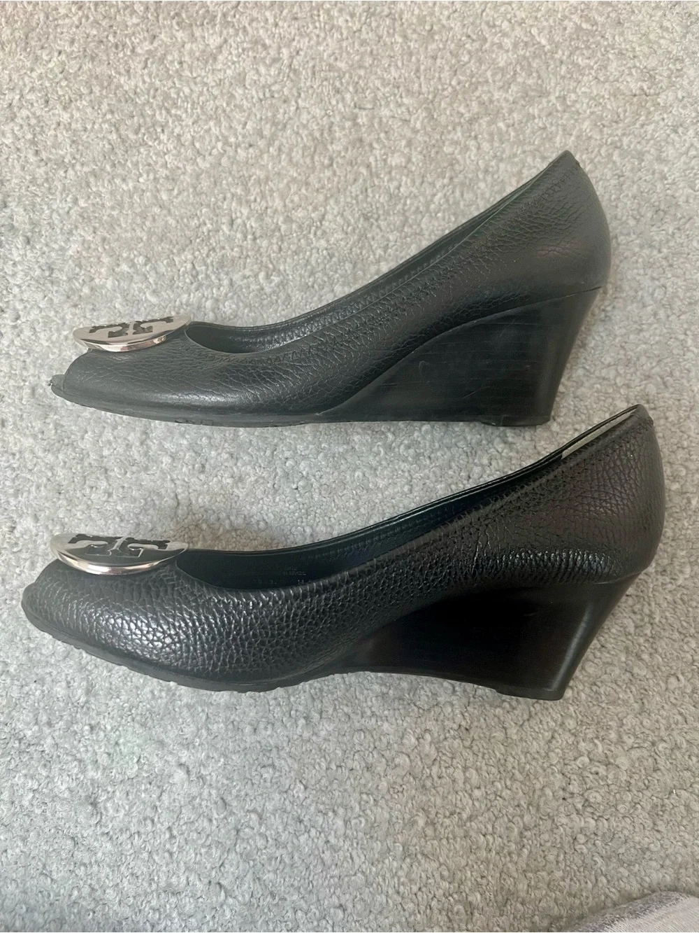 Tory Burch Sally Wedge Pumps in Black Tumbled / Pebbled Leather- 8M